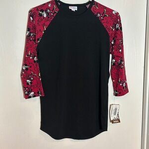 LuLaRoe Randy Baseball Tee Black Red Mickey Mouse Print Raglan Sleeve XS‎